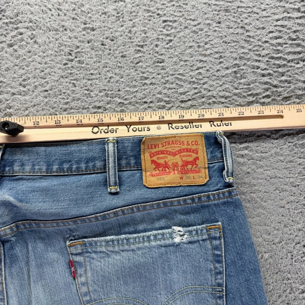 Levi's 569 Jeans Mens 42x34 Blue Cotton Denim Straight Travel Distressed Faded